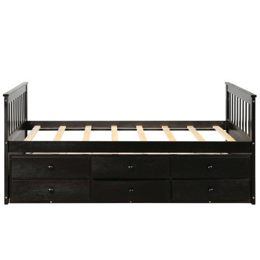 Twin Captainâ€™s Bed with Trundle and 3 Storage Drawers-Dark Brown