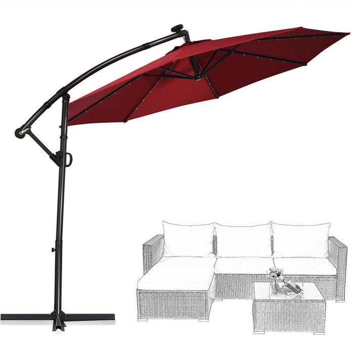 10 ft 360Â° Rotation Solar Powered LED Patio Offset Umbrella without Weight Base-Dark Red