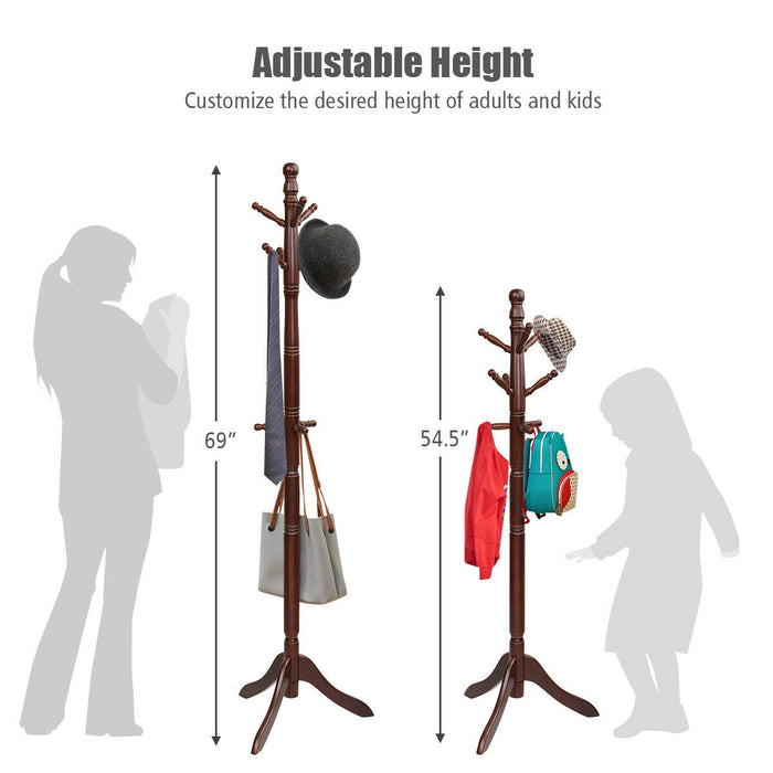 Entryway Height Adjustable Coat Stand with 9 Hooks-Brown