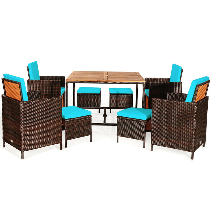 9 Pieces Patio Rattan Dining Cushioned Chairs Set-Turquoise