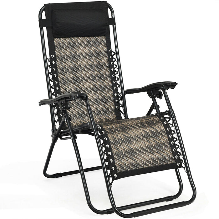 Folding Rattan Zero Gravity Lounge Chair with Removable Head Pillow-Gray