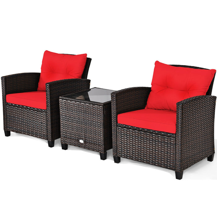 3 Pcs Patio Rattan Furniture Set Cushioned Conversation Set Coffee Table-Red