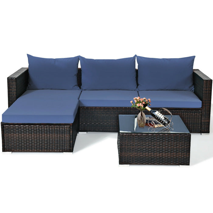 5 Pieces Patio Rattan Sectional Furniture Set with Cushions and Coffee Table -Navy