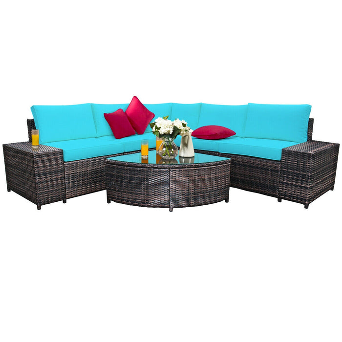 6 Piece Wicker Patio Sectional Sofa Set with Tempered Glass Coffee Table-Turquoise