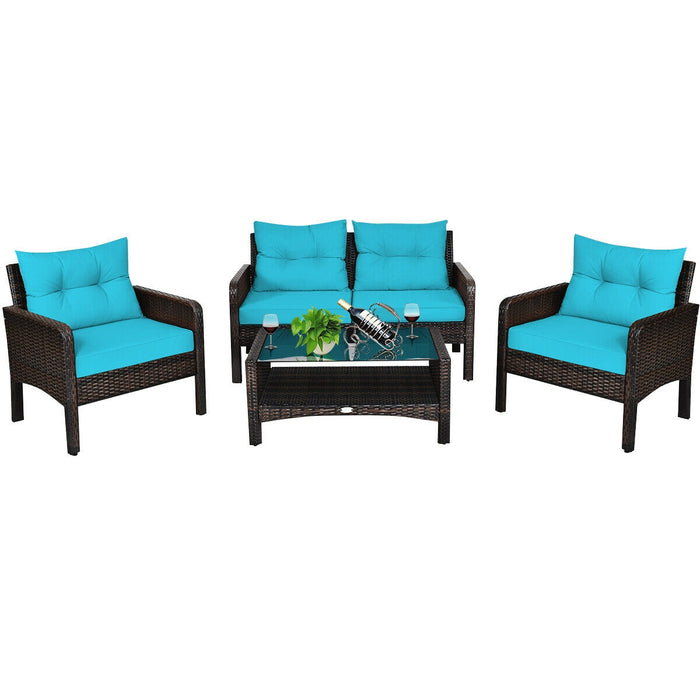 4 Pieces Outdoor Rattan Wicker Loveseat Furniture Set with Cushions-Turquoise