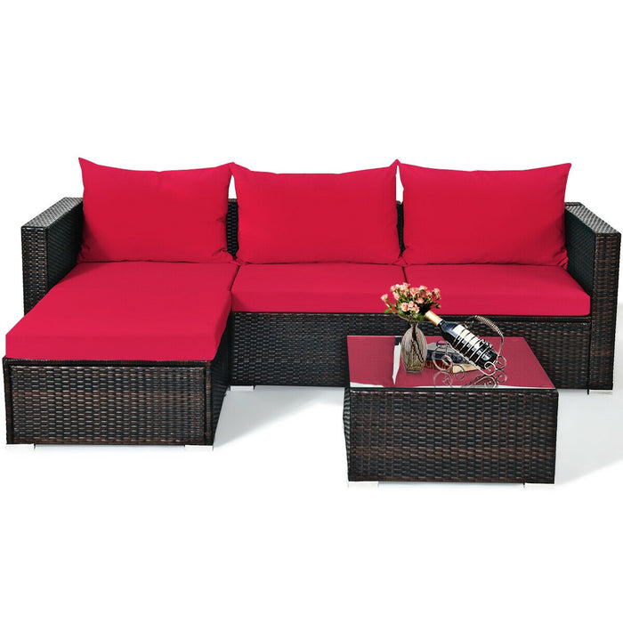 5 Pieces Patio Rattan Sectional Furniture Set with Cushions and Coffee Table-Red