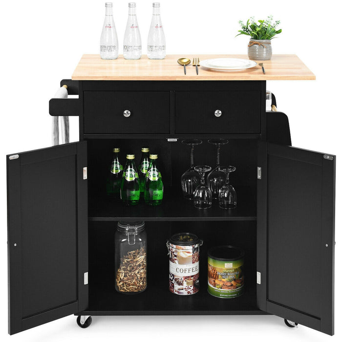 Rubber Wood Countertop Rolling Kitchen Island Cart-Black