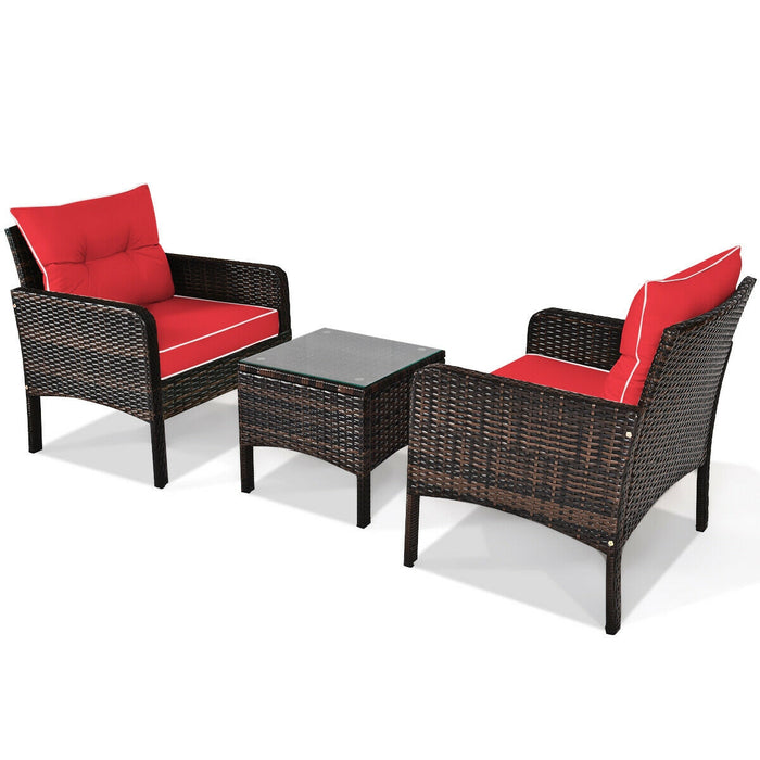 3 Pcs Outdoor Patio Rattan Conversation Set with Seat Cushions-Red