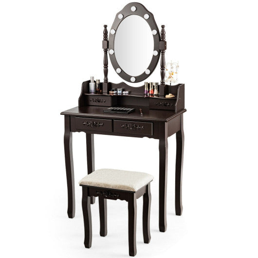 Makeup Vanity Dressing Table Set with Dimmable Bulbs Cushioned Stool-Coffee