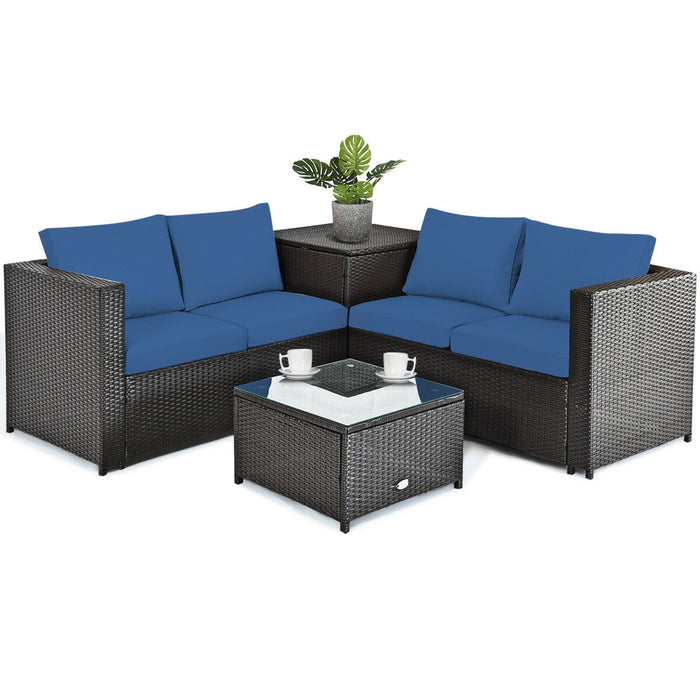 4 Pieces Outdoor Patio Rattan Furniture Set with Cushioned Loveseat and Storage Box-Navy