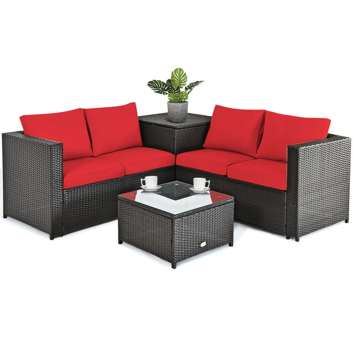 4 Pieces Outdoor Patio Rattan Furniture Set with Cushioned Loveseat and Storage Box-Red