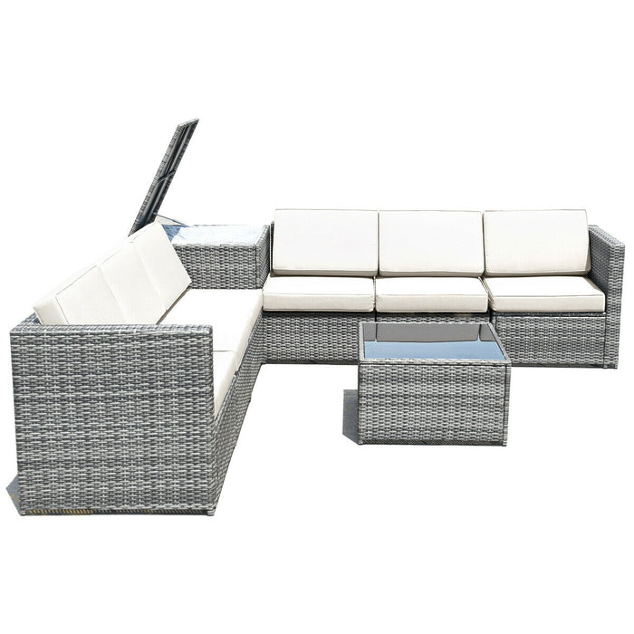 8 Piece Wicker Sofa Rattan Dinning Set Patio Furniture with Storage Table-White