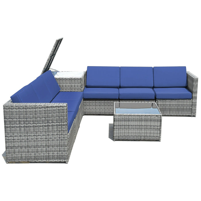 8 Piece Wicker Sofa Rattan Dinning Set Patio Furniture with Storage Table-Navy