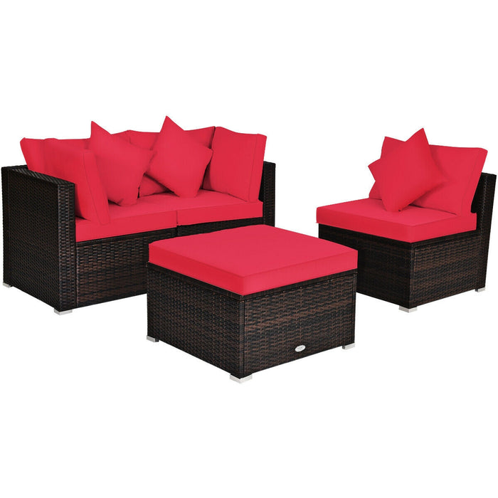 4 Pcs Ottoman Garden Deck Patio Rattan Wicker Furniture Set Cushioned Sofa-Red