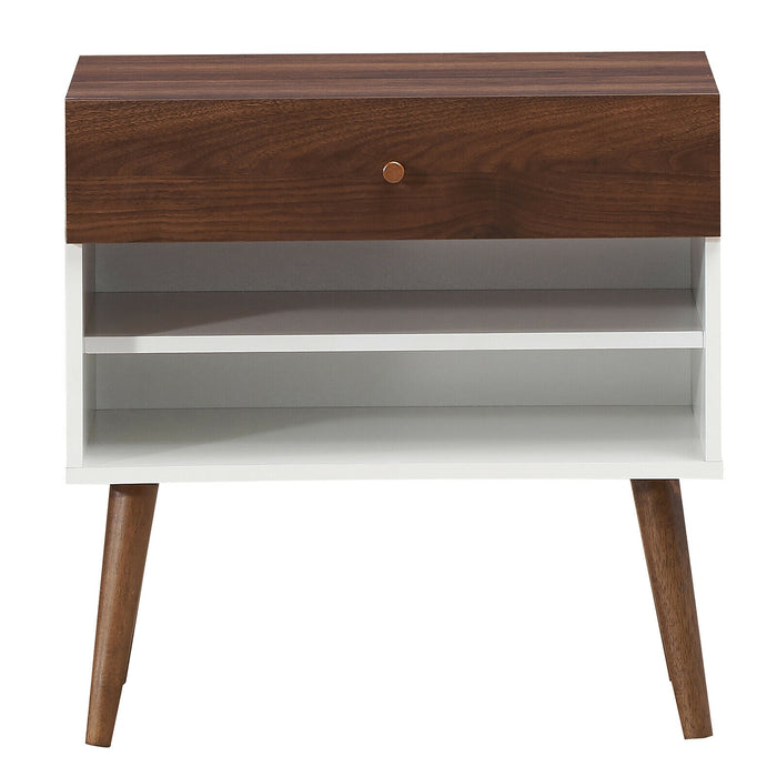 Mid-Century Nightstand with Drawer and Rubber Wood Legs