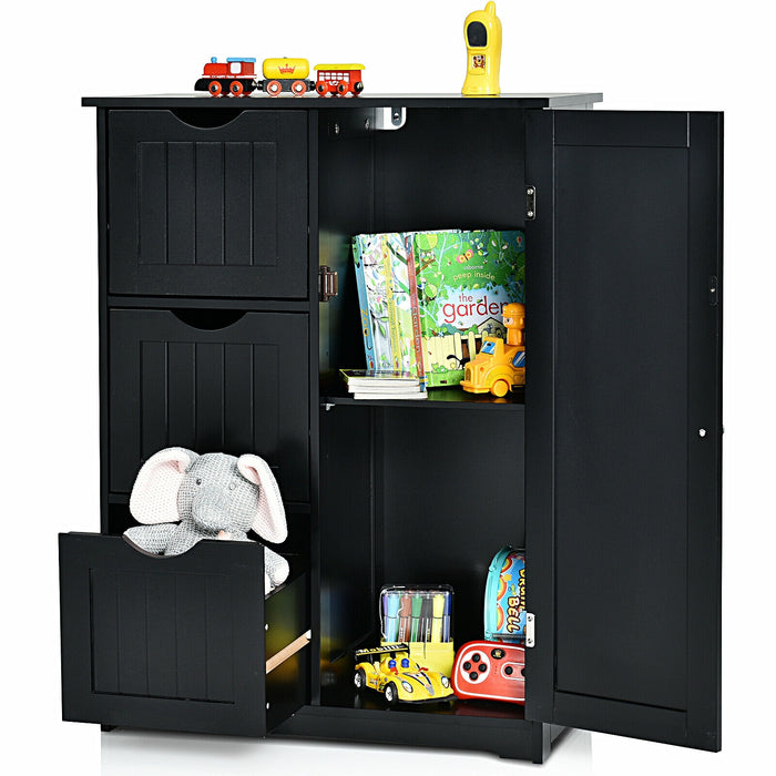 Bathroom Floor Cabinet Side Storage Cabinet with 3 Drawers and 1 Cupboard-Black