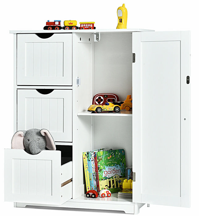 Bathroom Floor Cabinet Side Storage Cabinet with 3 Drawers and 1 Cupboard-White