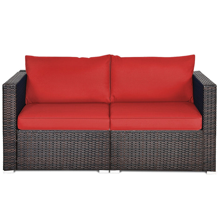 2PCS Patio Rattan Sectional Conversation Sofa Set-Red