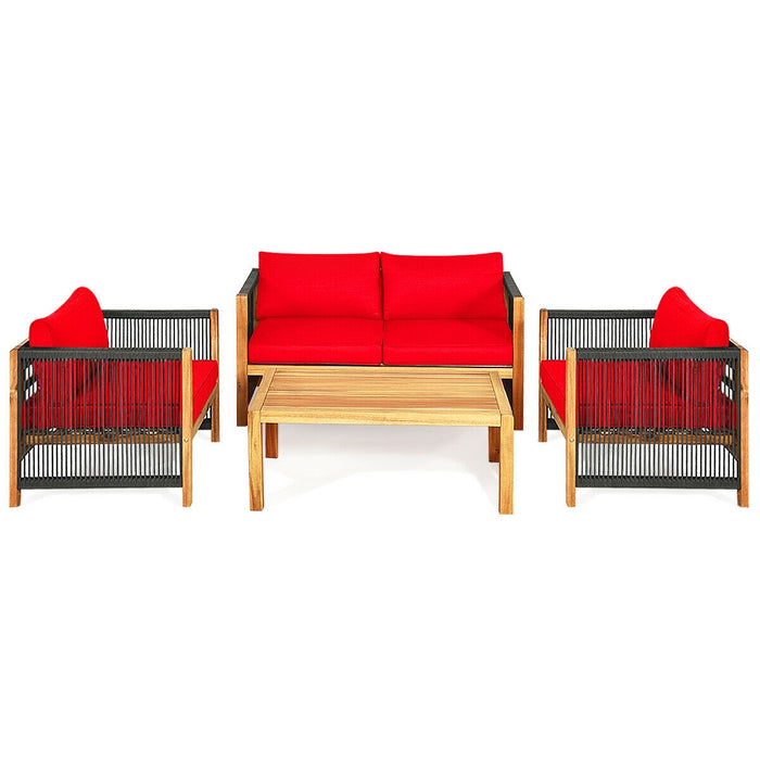 4 Pieces Acacia Wood Outdoor Patio Furniture Set with Cushions-Red