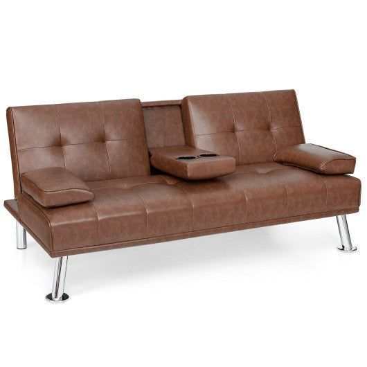 Convertible Folding Leather Futon Sofa with Cup Holders and Armrests-Brown