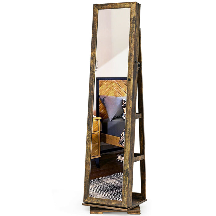 360Â° Rotatable 2-in-1 Lockable Jewelry Cabinet with Full-Length Mirror-Rustic Brown