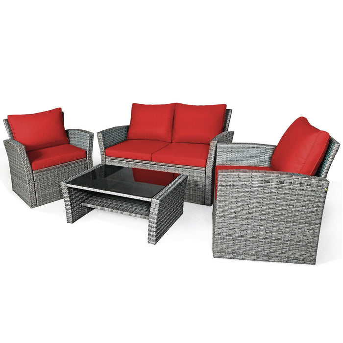 4 Pieces Patio Rattan Furniture Set Sofa Table with Storage Shelf Cushion-Red