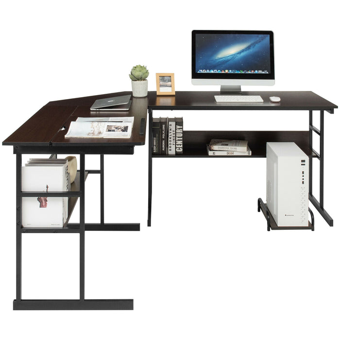 L-Shaped Computer Desk with Tiltable Tabletop-Brown