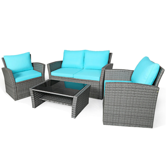 4 Pieces Patio Rattan Furniture Set Sofa Table with Storage Shelf Cushion-Turquoise