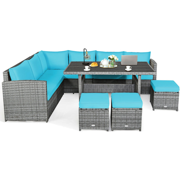 7 Pieces Patio Rattan Dining Furniture Sectional Sofa Set with Wicker Ottoman-Turquoise