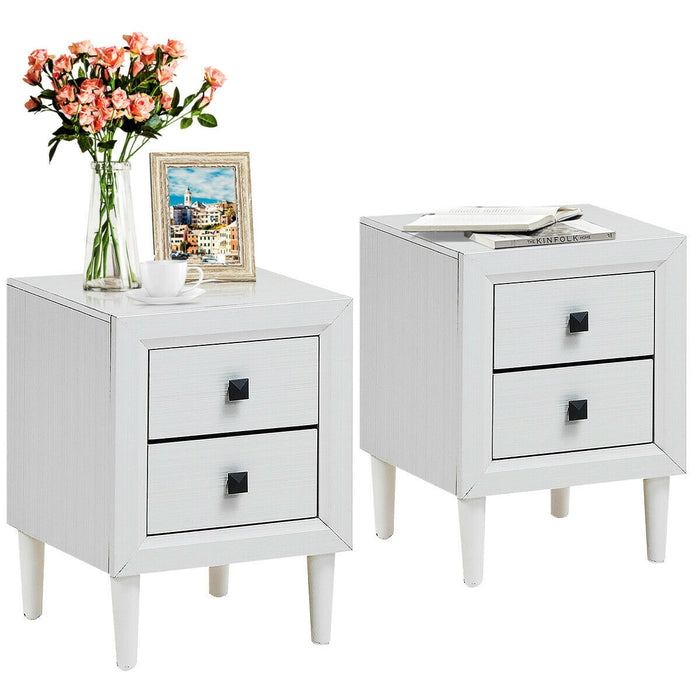 2Pcs Multipurpose Retro Nightstand with 2 Drawers-White