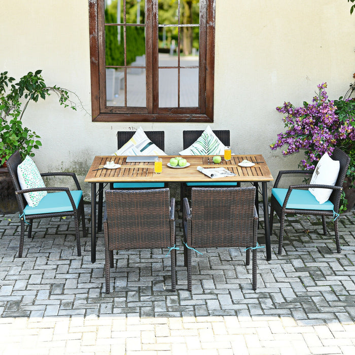 7Pcs Patio Rattan Cushioned Dining Set with Umbrella Hole-Turquoise