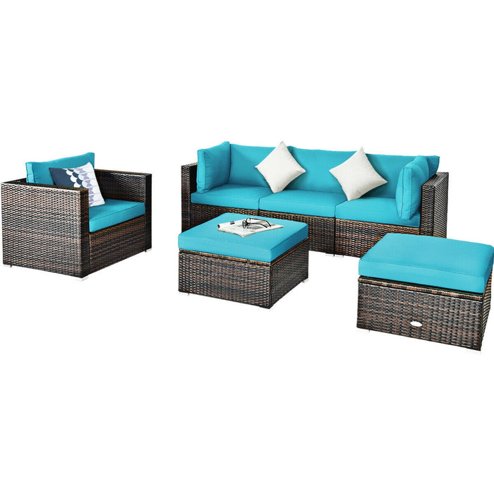 6 Pcs Patio Rattan Furniture Set with Sectional Cushion-Turquoise