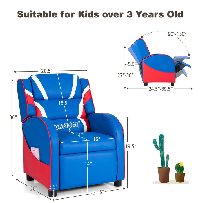 Kids Leather Recliner Chair with Side Pockets-Blue