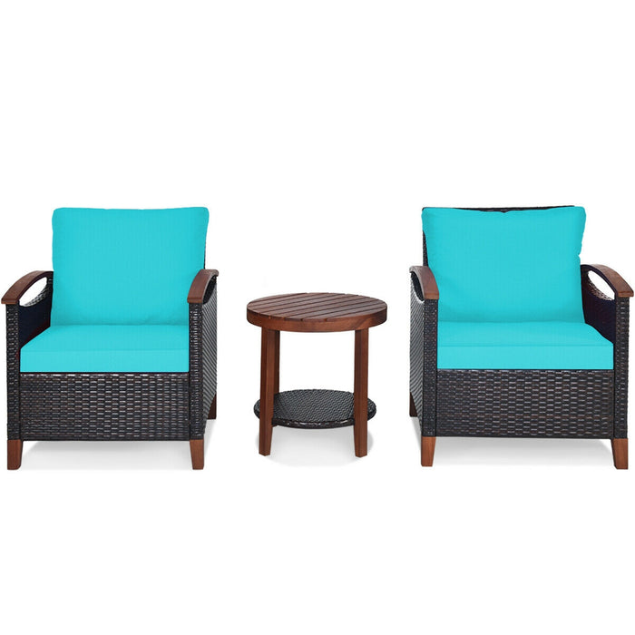 3 Pieces Patio Rattan Furniture Set with Washable Cushion and Acacia Wood Tabletop-Turquoise