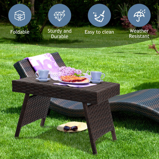 Folding PE Rattan Side Coffee Table Patio Garden Furniture-Brown