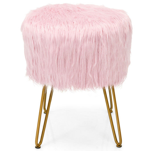 Faux Fur Vanity Stool Chair with Metal Legs for Bedroom and Living Room-Pink