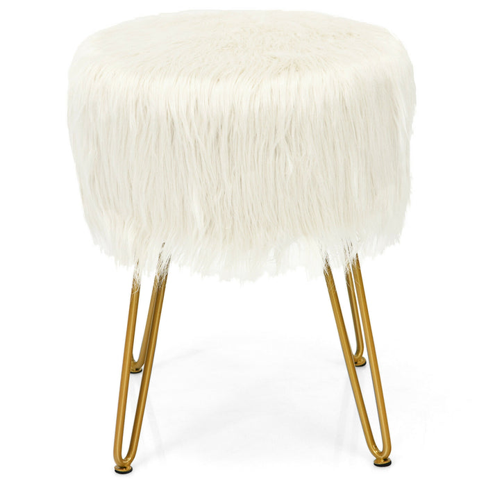 Faux Fur Vanity Stool Chair with Metal Legs for Bedroom and Living Room-White