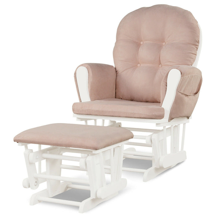 Wood Glider and Ottoman Set with Padded Armrests and Detachable Cushion-Pink