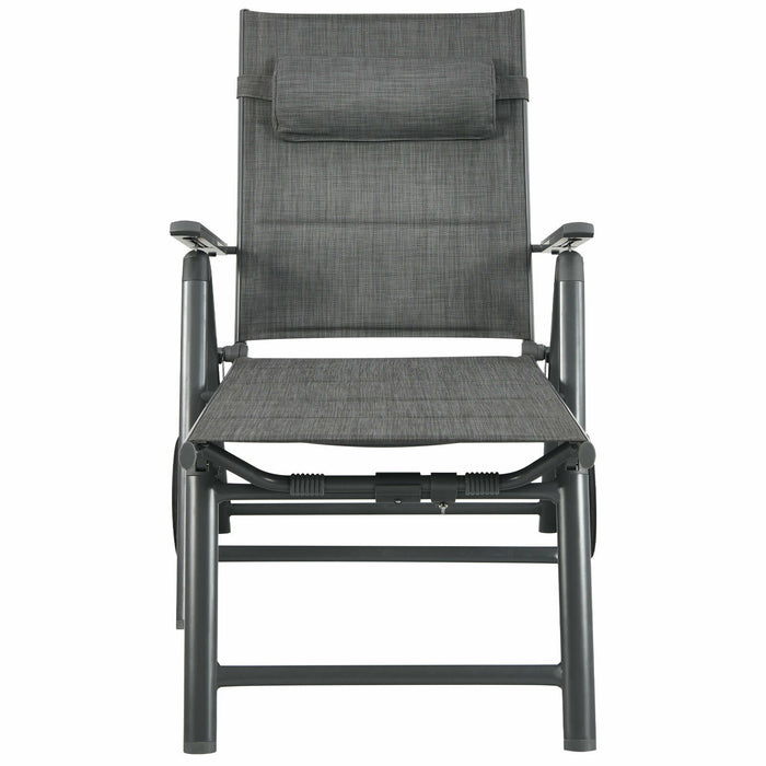 Patio Reclining Chaise Lounge with Adjust Neck Pillow-Gray