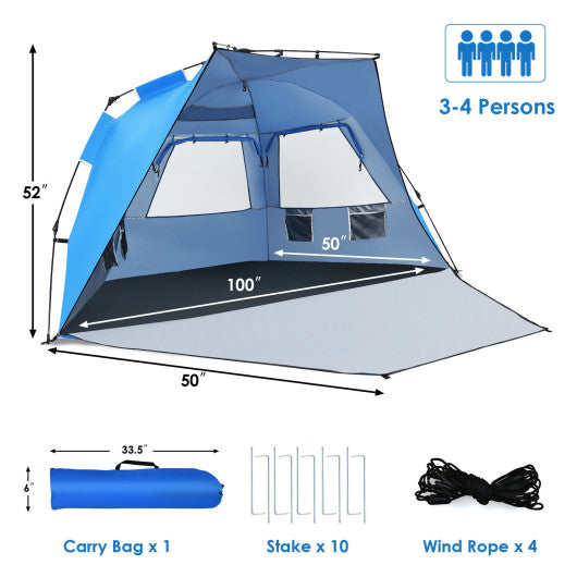 3-4 Person Easy Pop Up Beach Tent UPF 50+ Portable Sun Shelter-Blue