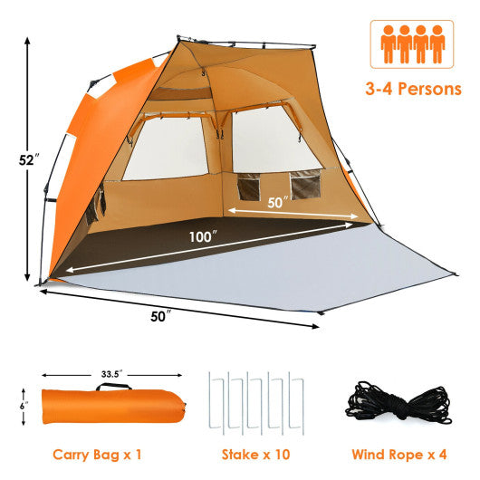 3-4 Person Easy Pop Up Beach Tent UPF 50+ Portable Sun Shelter-Orange