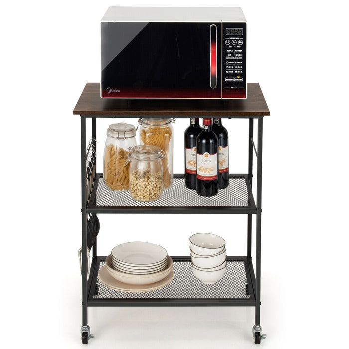 3-Tier Kitchen Serving Cart Utility Standing Microwave Rack with Hooks Brown