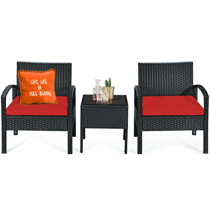 3 Pieces Outdoor Rattan Patio Conversation Set with Seat Cushions-Red