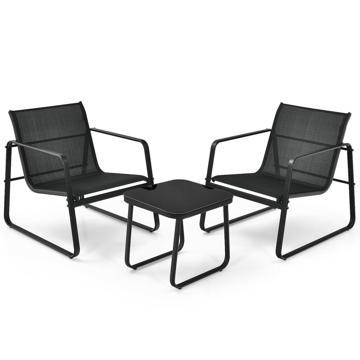 3 Pieces Patio Bistro Furniture Set with Glass Top Table Garden Deck-Black