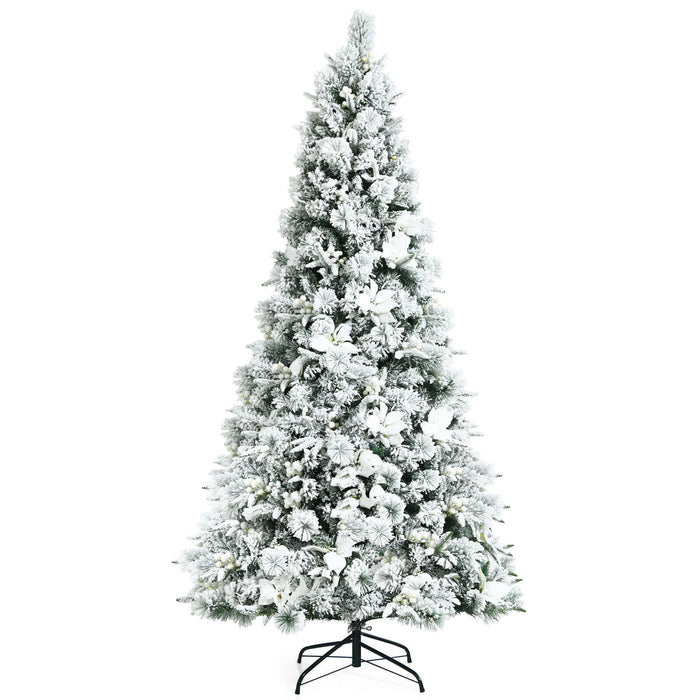 7 Feet Snow Flocked Christmas Tree with Poinsettia Flowers