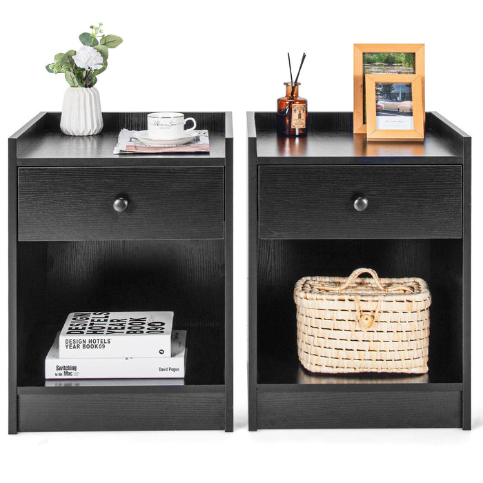 Set of 2 Nightstand with Drawer Cabinet End Side Table Raised Top-Black