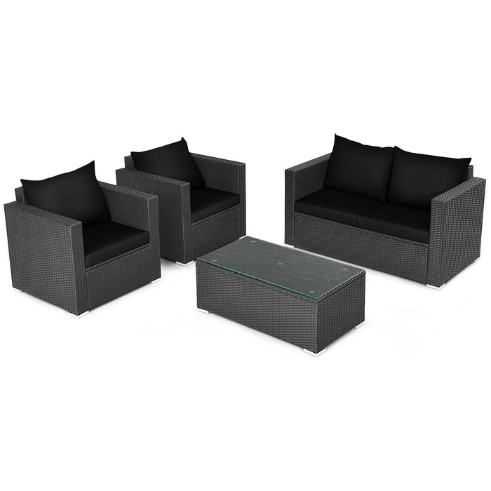 4 Pieces Patio Rattan Conversation Set with Cushions and Coffee Table-Black