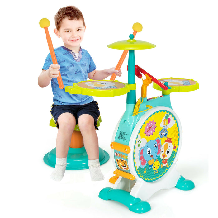 3 Pieces Electric Kids Drum Set with Microphone Stool Pedal