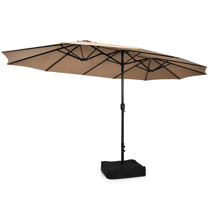 15 Feet Double-Sided Twin Patio Umbrella with Crank and Base-Brown