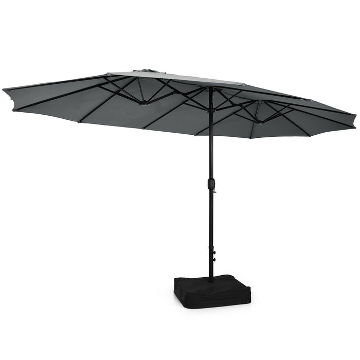 15 Feet Double-Sided Twin Patio Umbrella with Crank and Base-Gray